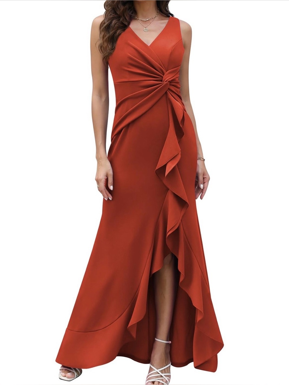 V-Neck Rust Ruffle-Detail Maxi Dress